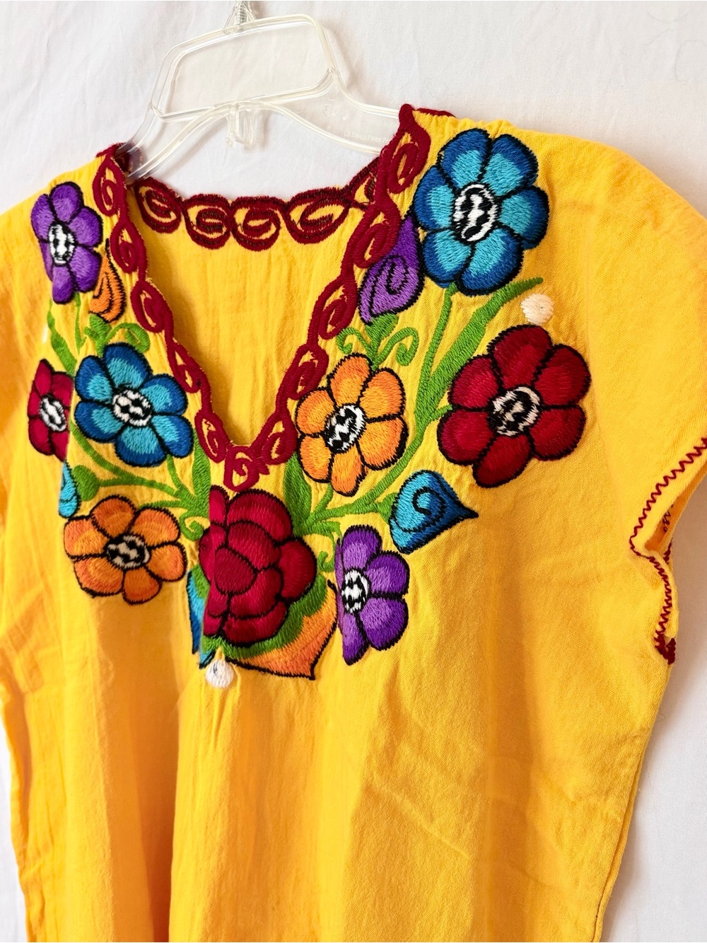Artisan Mexican Floral Embroidered Huipil Top Yellow Boho Folk Blouse